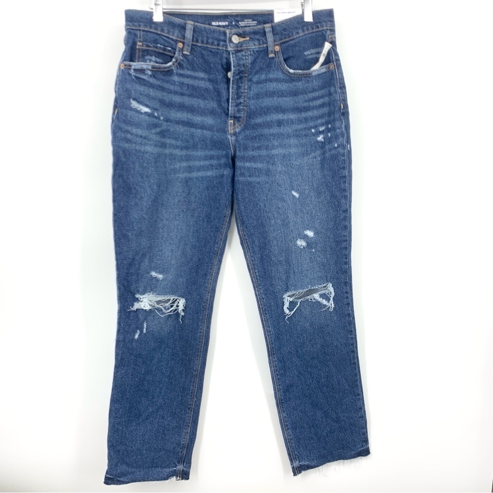 Old Navy Women Size 8 Jeans Dark Wash Distressed Slouchy Straight Stretch Pants